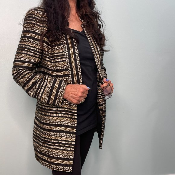 Chicos Gold Black Striped Tweed Long Jacket - Picture 6 of 16